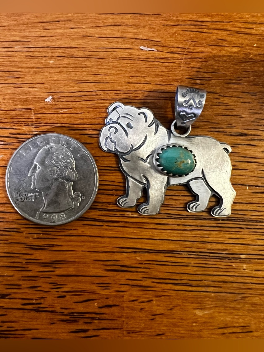 Sterling Silver Kingman Turquoise Bulldog Dog Pendant - Picture 9 of 10